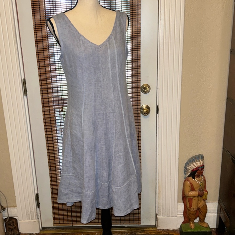 Inizio Linen Sleeveless Swing Dress Chambray Blue Size SM V-Neck Summer Dress